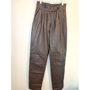 Vintage Leather Pants High Waist 26” Brown Pleated Tapered Made in England 80s